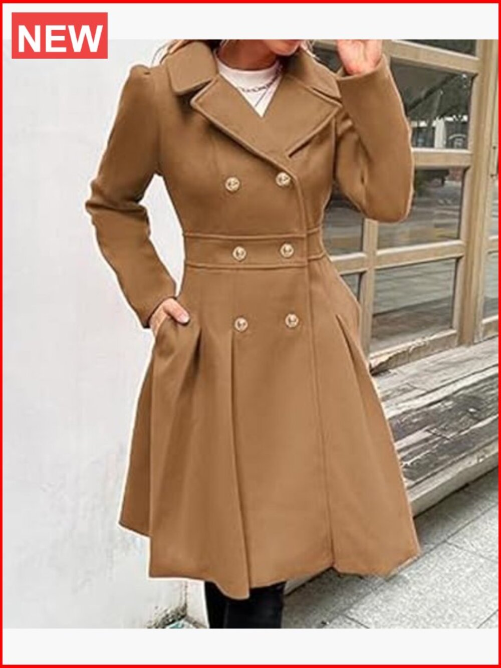 Double Breasted Pea Coat Notch Lapel A-Line Flared Pleated Wool Blend with - Picture 3 of 5